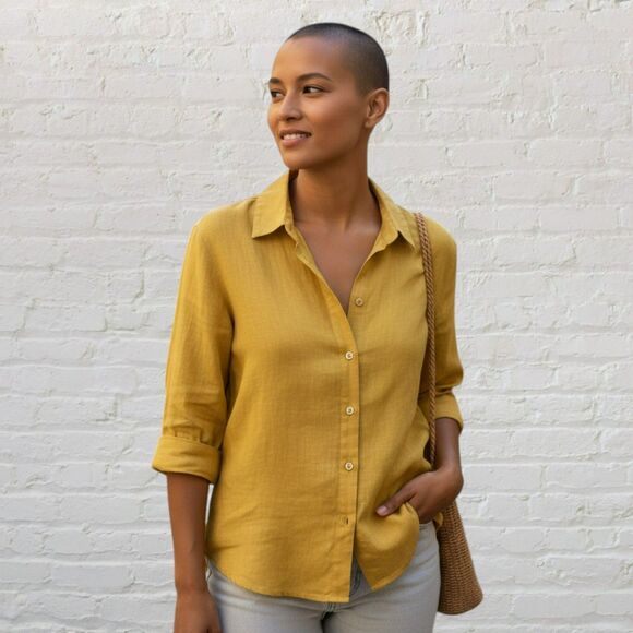 Chico's No Iron Linen Shirt Size 3 / XL Button Up 3/4 Sleeve Bright Yellow Top - Picture 15 of 15